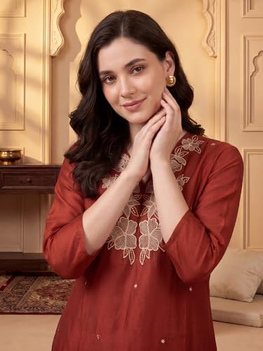 Image of INDO ERA Women's Silk Blend Floral Embroidered Thread Work Kurta & Pant with Dupatta Set (IEBBAI438)