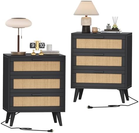 Rovaurx Set of 2 Rattan Nightstand with Charging Station, Night Stand with 6 Drawers, 28.5 Inch Bedside End Table for Bedroom, Side Table with USB Ports and Outlets, Black and Natural RCTG110BME02