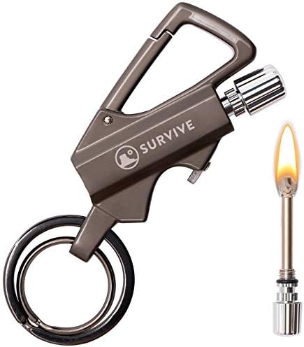 SURVIVE Permanent Match Bottle Opener Metal Keychain, Reusable Survival Fire Starter Lighter, Emergency Waterproof Striker Stick Kit (Charcoal)