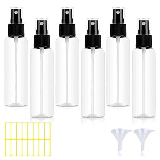Sprayflaskor, 100 ml tom sprayflaska set, små plastsprayflaskor påfyllningsbara reseparfymfördelare, genomskinlig vätskebehållare med trattar och etikett, 6 st
