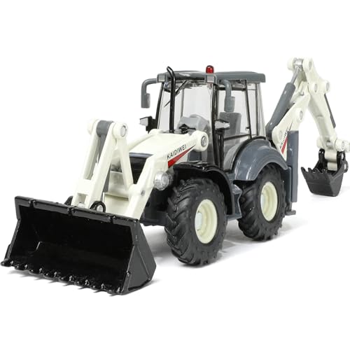 Risopen Excavator Toy, 1/50 Metal Die-cast Excavator Backhoe Front Loader Bulldozer, Construction Vehicle Model Decoration Toy Gift for Boys- White