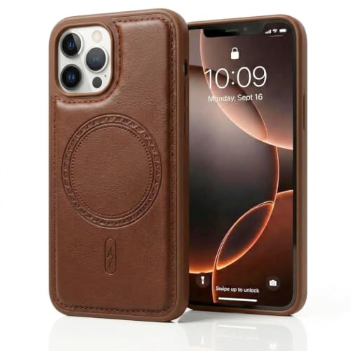 Image of amazon basics Premium PU Leather Case for iPhone 12 Pro Max, MagSafe Compatible Magnetic Ring, Sleek Protective Back Cover - [Brown]