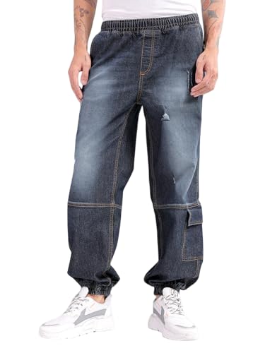 Image of The Indian Garage Co Men Loose Fit Solid Mid-Rise Stretchable Denim Joggers