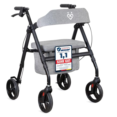 ForeverSenior Rollator faltbar & leicht 9 kg mit Sitz – Rollatoren für Senioren – stabile Konstruktion aus Stahl, Tasche & gepolsterte Rückenlehne, Rollator schmal für Wohnung & Outdoor