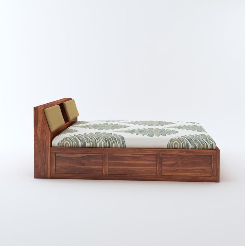 Image of STRATA FURNITURE Sheesham Wood King Size Bed with Hydraulic and Headboard Storage for Living Room Home Bedroom | Wooden Double Bed Cot Palang Furniture (Honey Finish)