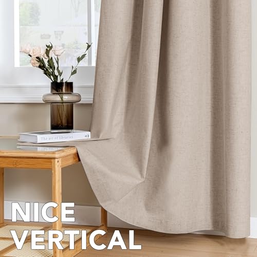 Image of H.VERSAILTEX Linen Curtains 100% Blackout Curtains for Bedroom 120 inch Long Full Light Blocking Nature Linen Blended Window Curtains for Living Room Nickel Grommet (2 Panels, Heathered Sand)