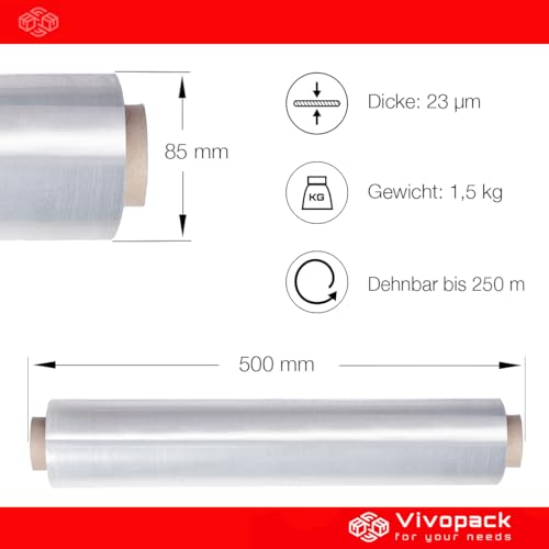 Vivopack Stretchfolie Umzug, Verpackungsfolie auf Rolle, Folie für Möbel, Stretchfolienrolle 50cm, 23μm, 1,5kg, Schutzfolie, Wickelfolie Stretchfolie für Paletten, Umzugsfolie für Möbel