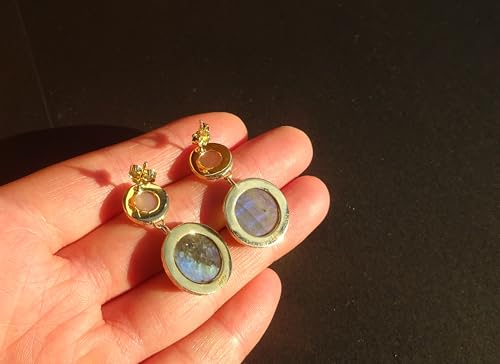 Boucles d'oreilles labradorite en vermeil d'exception et pierre de soleil - 3
