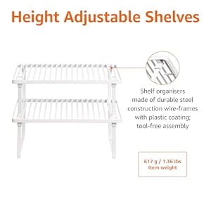 Amazon Basics Stackable Metal Kitchen Storage Shelves, Set of 2 - White, 12.5" L x 8" D x 4.5" H Amazon Basics Stackable Metal Kitchen Storage Shelves Set of 2 White 125 L x 8 D x 45 H