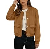GRECERELLE Womens Bomber Jacket Short Cropped Button Down Varsity Jacket Long Sleeve With Pockets (Camel, Large)