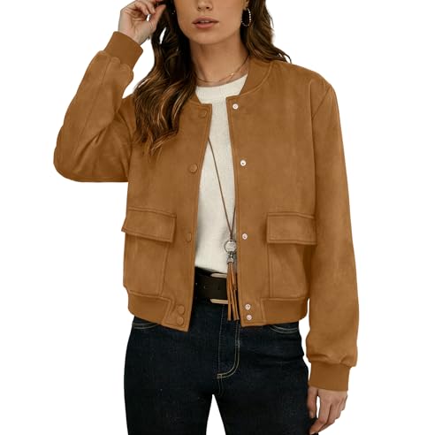 GRECERELLE Womens Bomber Jacket Short Cropped Button Down Varsity Jacket
