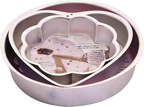BAKERS PARDISE Aluminium Round Size 25cm x 24cm, Heart 21cm X 21cm, Flower 17cm Cake Mould Combo (Silver, 10 inch) -Set of 3
