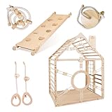 WoodandHearts Indoor Spielturm mit Rutsche & Schaukel – Kinderrutsche, Turnringe & Kletterseil – Baby Schaukel Indoor – Kletterwand Kinderzimmer & Spielhaus für Zuhause