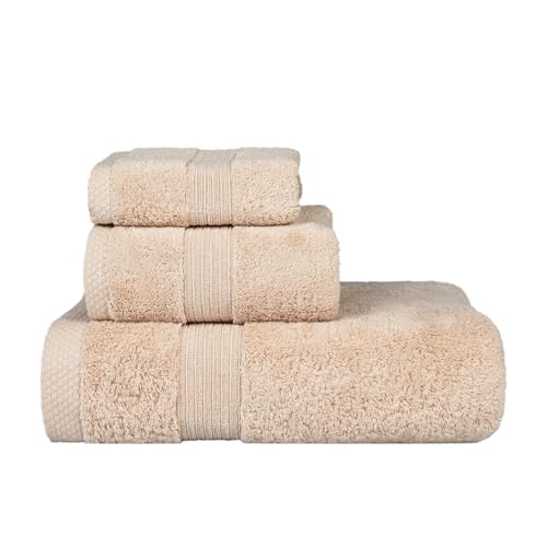 Pochita Global 100% Cotton Towel Set 3PCS - Soft Highly Absorbent Bath Towel Hand Towel Washcloth for Everyday Use, Larger Size Towel Set, Lint-Free Non-Fading - Beige