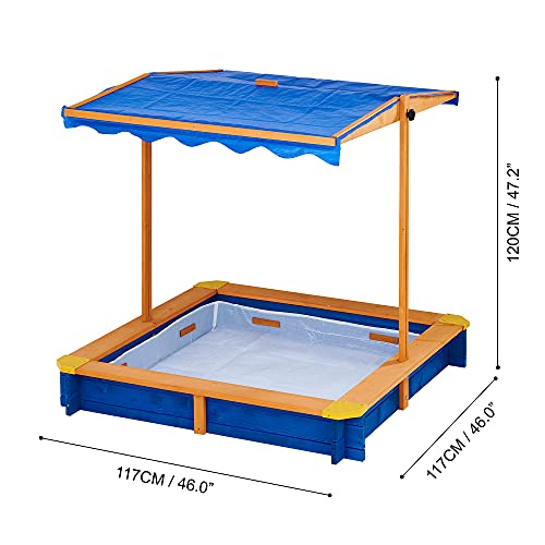 Teamson Kids Sandbox With Cover, Kids Outdoor Sandbox With Height Adjustable & Rotatable Canopy Lid, Natural Wood/Blue #TOP4