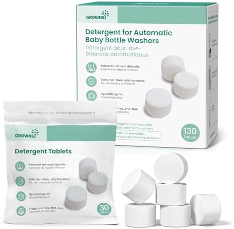 GROWNSY Bottle Washer Detergent Tablets, 130 Count, Deep Cleaning, Compatible with All Brands of Baby Bottle Washers, Removes Milk Residue, Grease & Odor from Bottles and Pump Parts