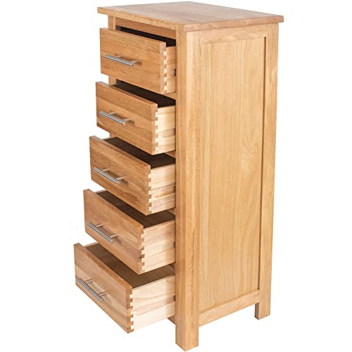 Aurotrice OAK 5 Drawers Cabinet Narrow Storage Chest of Drawers Organiser Unit with Solid wood Legs for Hallway Living Room Bedroom Natural