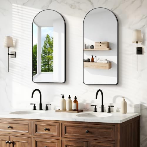 Image of BONEWEI Arched Wall Mirror,18x36 inch Black Arched Mirror Bathroom,Vanity Mirror for Over Sink Metal Frame,Tempered Glass Arch Mirrors for Bedroom,Entryway,Living Room,Home Decor Shatter-Proof