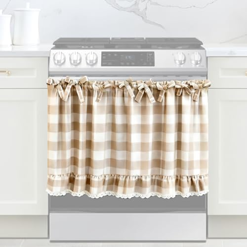 Beige and White Check Oven Skirt for Farmhouse Kitchen Decor Cotton Blend Stove Cover Skirt with Lace Trim & 9 Ribbon Ties Rustic Decorative Oven Door Curtain for Cottage Kitchen Decor