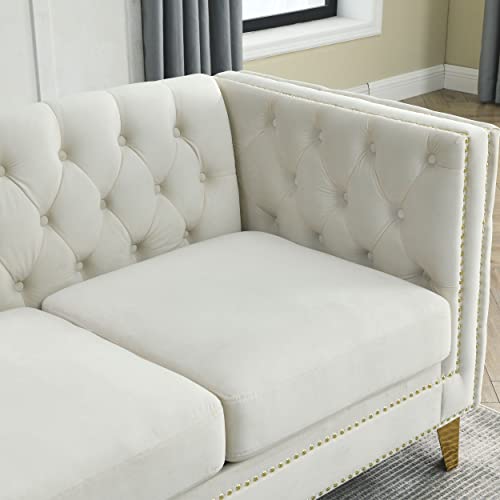 Modern 3 Seater Couch Velvet Sofa,80" Buttons Tufted Square Arm Couch, Modern Couch For Living Room Upholstered Button And Metal Legs, Sofa Couch For Bedroom (Beige + Velvet, 3 Seat Sofa) #TOP6