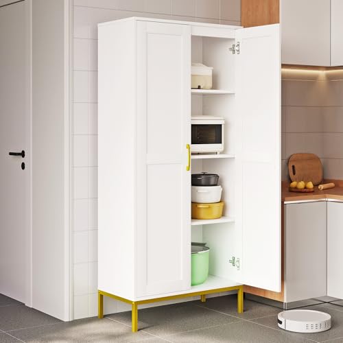 Image of IANUE Storage Cabinet,Pantry Cabinets,Kitchen Pantry with 2 Adjustable Shelves,4 Shelf Cabinet,Freestanding Floor Cabinet,Unit for Garage Storage,Pantry,Laundry Room,Organization and Storage,White