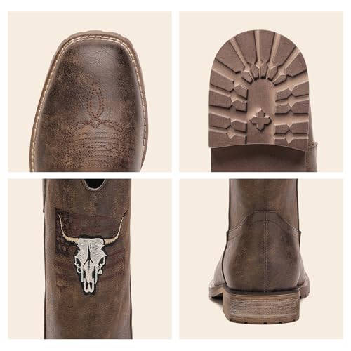 Image of JASONSTAR Western Cowboy Boots for men, Vintage Distressed Brown Square Toe Mid-Calf Boots with Longhorn Skull American Flag Embroidery, Non-Slip Rubber Sole Comfortable for Riding Outdoor Daily Wear