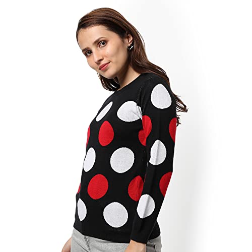 Image of Campus Sutra Women Black Polka Dot Regular Fit Sweater | Round Neck, Full Sleeve, Woolen Sweater for Women & Girls | Stylish Casual Winter Wear