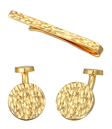 Kuzzoi Manschettenknöpfe Coin Design & Krawattennadel für Herren im gehämmerten Look, Herren Accessoire Set aus 925 Sterling Silber, Stilvolles Männer Geschenk für Hochzeit und Geburtstag (Gold)