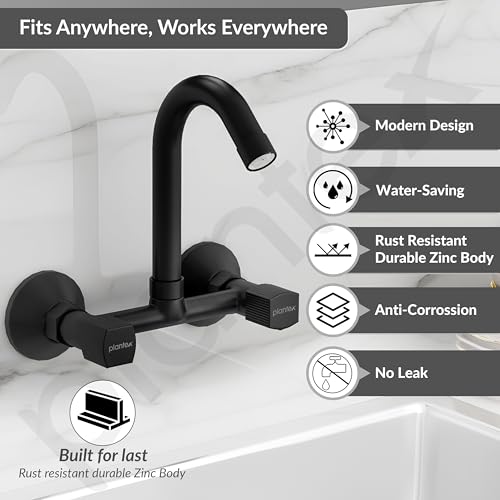 Image of Plantex Sink Mixer Tap for Kitchen with 360 Swivel Spout /Hot and Cold Water Tap with Wall Flange and Teflon Tape /Brass Spindle Sink Tap (Black)