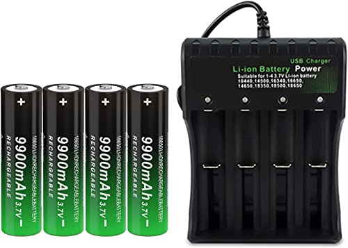 CWUU 3.7V 18650 Rechargeable Battery 9900mAh 3.7 Volt for Headlamp, Flashlight 031324 (Button Top, 4 Pack+4 Bay Battery Charger)