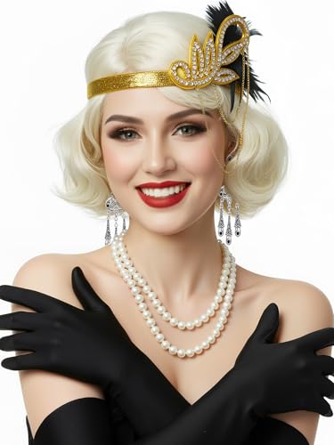 ZGXYZXMY Cream-Colored Short Curly Wig for Womens Milky White 1920s Retro Finger Wave Wig with Accessories for Halloween Cosplay