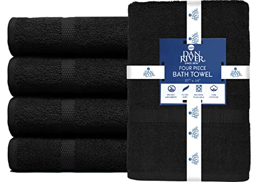Image of DAN RIVER Bath Towels Set of 4, 27 x 54 Inches, 100% Cotton, Larger & Lighter Weight, Quicker to Dry, Super Soft and Absorbent, Ideal Black Bath Towels for Daily Use