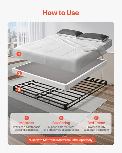 Image of VEVOR Box Spring, Queen Size Bed Frame with Washable Fabric Cloth, Heavy Duty Metal Frame for Queen Bed, 4 in Mattress Foundation, 3500 lbs Max Weight Capacity, Easy Assembly, 79.1 L x 59.4 W x 4 H in