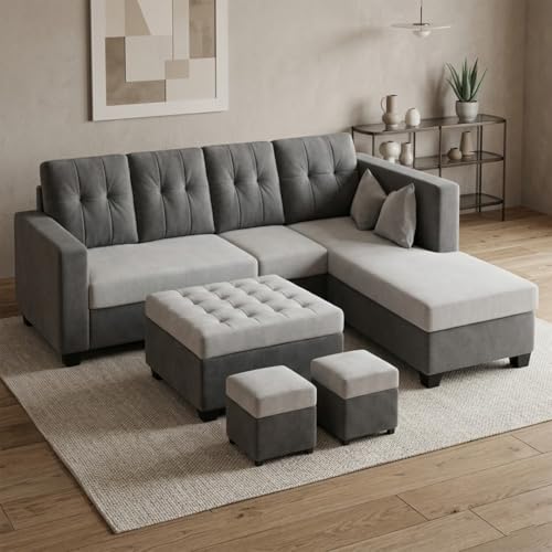 Image of FURNY Nathan 8 Seater L Shape Sofa Set RHS (Light Grey-Dark Grey) | Suede Velvet Finish | Durable Comfort Sofa for Modern Living Room & Office Spaces