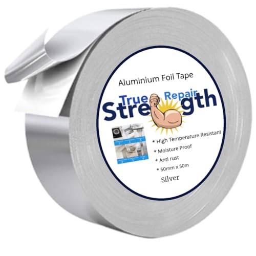 Aluminium Foil Tape - Super Sticky Self Adhesive Foil Tape - Waterproof High Temperature Heat Resistant - Heating Ventilation Systems Kitchen Sink Repairs - HVAC Air Ducts 50mm x 25m Silver