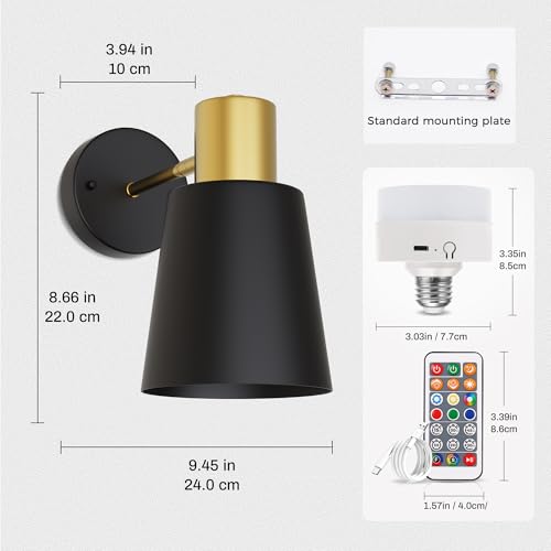 Image of DORESshop Battery Operated Wall Sconces Set of Two, Dimmable & Adjustable Black Gold Wall Lights, Rechargeable Wall Sconce with Remote, Not Hardwired LED Wall Lamps for Bedroom Living Room