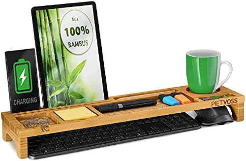 PIETVOSS Organizer na biurko z drewna bambusowego  organizer na klawiaturę, tablet, przybory biurowe  z prowadnicą na kabel, 56 x 15 x 6 cm