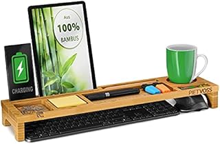 PIETVOSS Organizer na biurko z drewna bambusowego  organizer na klawiaturę, tablet, przybory biurowe  z prowadnicą na kabel, 56 x 15 x 6 cm