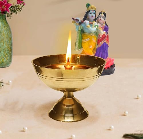 Image of Pure Source India Set of 2 Brass Akhand Jyoti Diya - 3.75 Inch Size - Traditional Oil Lamps for Pooja and Decor