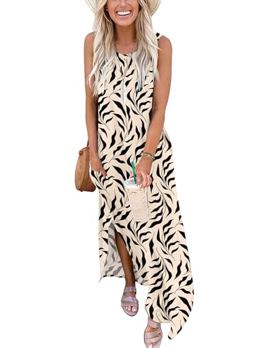 AUSELILY Sukienka maxi damska na lato, bez rękawów, sukienka plażowa, długa, letnia sukienka, tank t-shirt, sukienka z kieszeniami, Czarne liście w kolorze morelowym, M