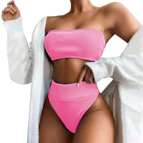 Conjuntos de bikini para mujer, parte superior de bikini suave acolchada y parte inferior de bikini de cintura alta, traje de baño modesto, traje de baño cómodo acanalado, Rosa., S
