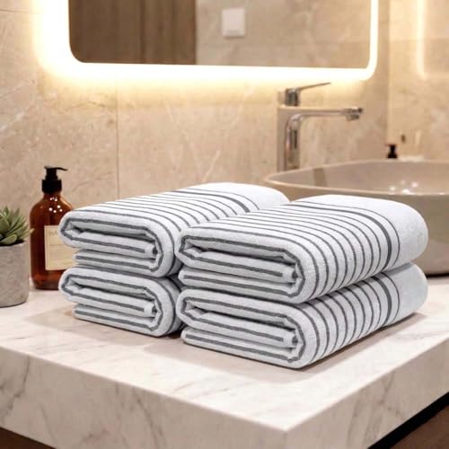 Image of Athom Living Premium Hand Towels- Cotton, 400 GSM, Ultra Soft, Quick Dry, Highly Absorbent | for Hand, Kitchen and Gym | 60 * 40 cm, Pack of 4 (White with Grey Stripes)