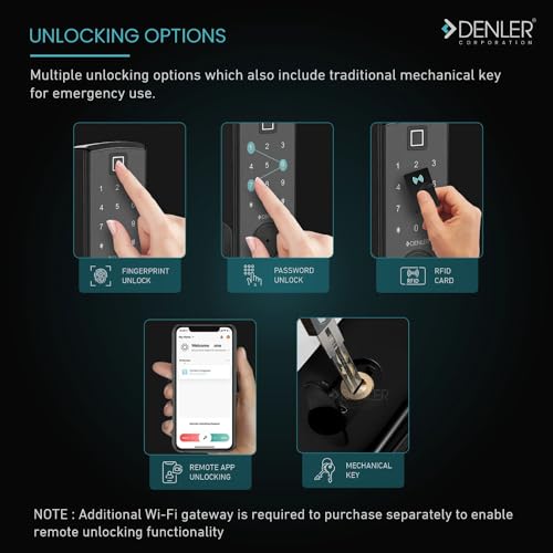 Image of Denler DB04 Automatic Bluetooth Smart Door Lock, Digital Door Lock, Fingerprint Lock PIN, Manual Key Access min 32-45mm Doors, 5 Years Warranty