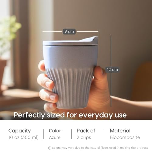 Image of Eha Earth Friendly Rafter Coffee Mug with Lid | Tea Cup Set | 300 ml | Made with Rice Husk | Microwave Safe Mugs for Gifting | 2 Unit | Azure