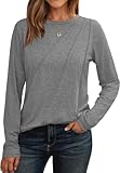 Cuptacc Langarmshirt Damen Rundhalsausschnitt Oberteile Mit Falten Lange Pullover Shirt Elegant Grau,Groß XXL 50