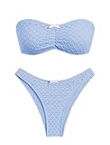 ZAFUL Women's Strapless Bikini Openwork Textured Bow Ruched Lace Up Thong Bandeau Swimsuit Bathing Suits (Light Blue, S), Small