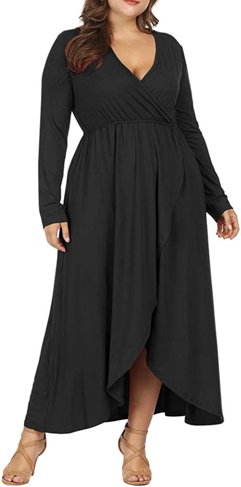 TASHVIKA'S Women Plus Size Black Full Sleeve High-Low Wrap Maxi Dress | Elegant Long Gown for Party