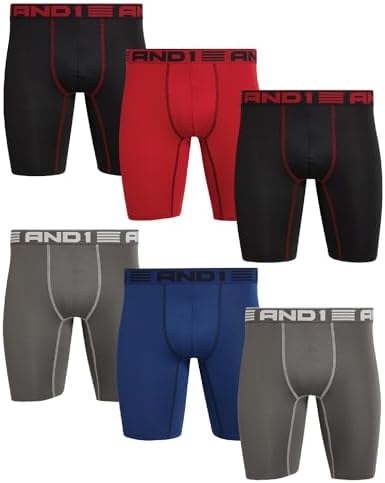 AND1 Mens Boxer Briefs - 6 Pack Platinum Performance Long Leg Boxer Briefs with Pouch - Boxers for Men, 9'' Inseam (S-3XL)'