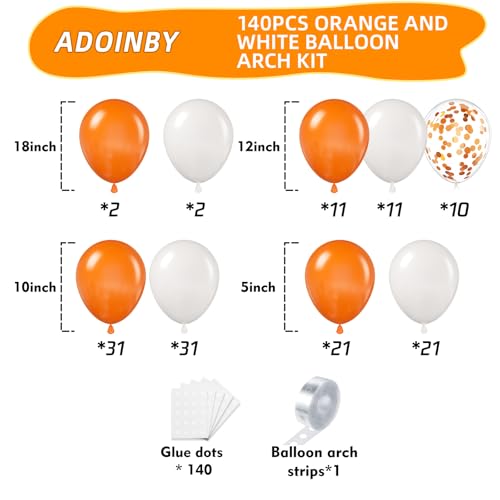 Image of Orange and White Balloon Arch Kit, ADOINBY 140Pcs White and Orange Balloons Confetti Balloon 18 12 10 5 Inch Different Size Balloons for Baby Shower Halloween Birthday Anniversary Party Decoration