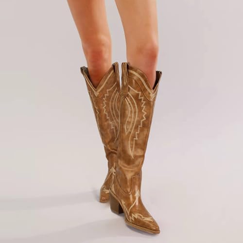 Cowboy Boots for Women Knee High Western Tall Long Cowgirl Boot Comfortable Retro Vintage Country Concert Embroidery Pointed Toe Block Chunky Heel4
